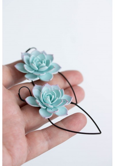 Handcrafted Polymer Clay Earrings with Stunning Blue Succulent and Unique Geometric Touch