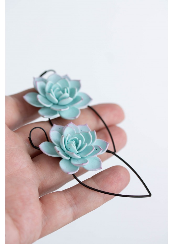 Handcrafted Polymer Clay Earrings with Stunning Blue Succulent and Unique Geometric Touch