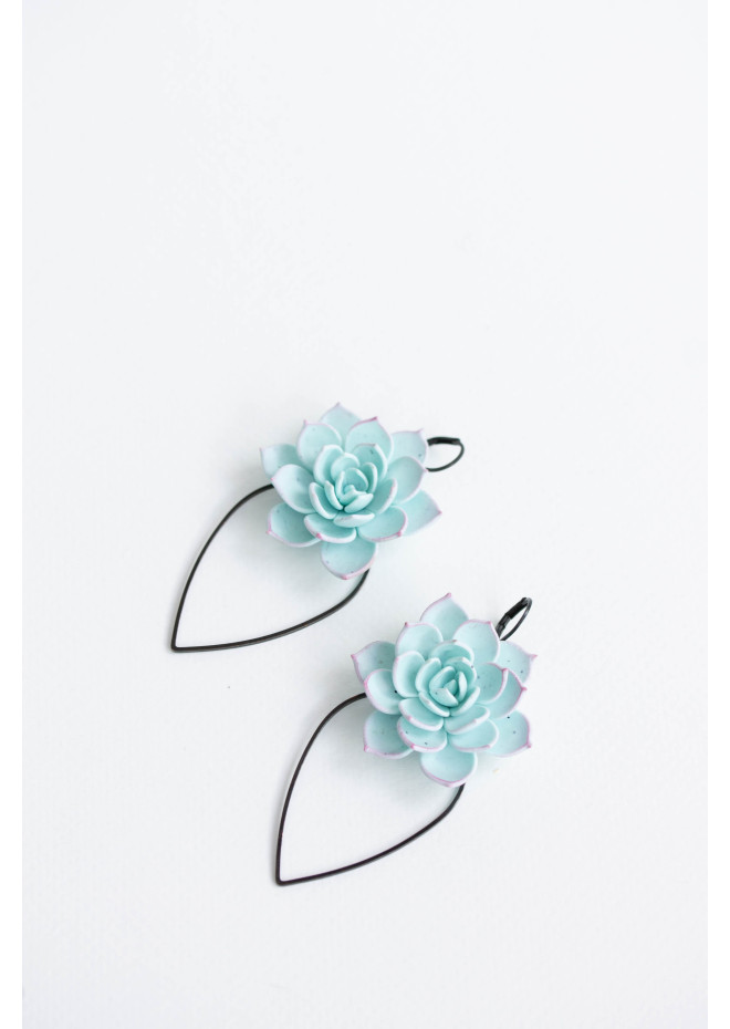 Handcrafted Polymer Clay Earrings with Stunning Blue Succulent and Unique Geometric Touch