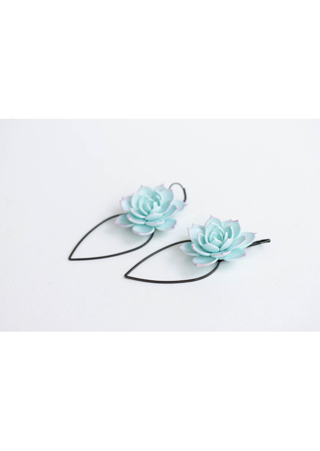 Handcrafted Polymer Clay Earrings with Stunning Blue Succulent and Unique Geometric Touch