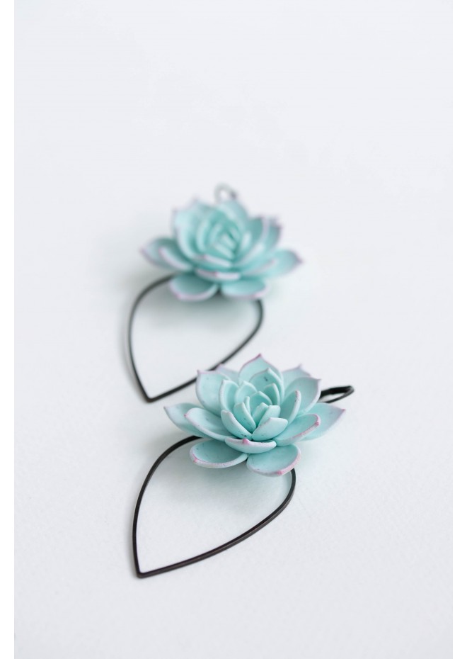 Handcrafted Polymer Clay Earrings with Stunning Blue Succulent and Unique Geometric Touch