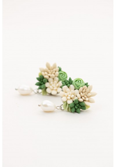 Beige and Green Succulent Stud Earrings with a Pearl