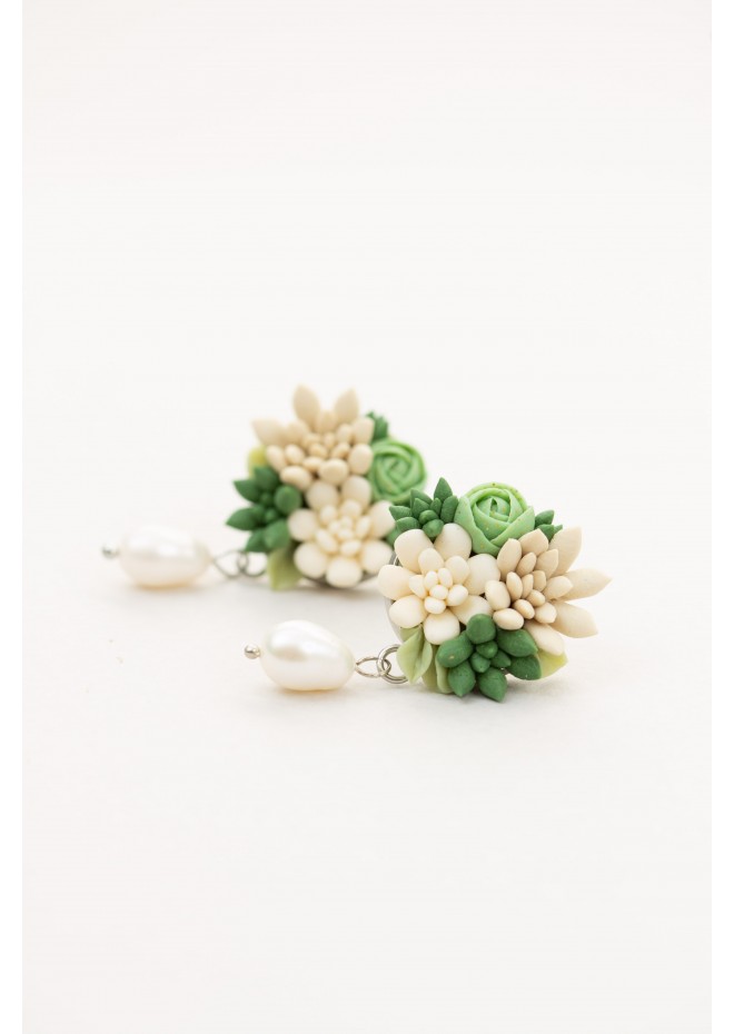 Beige and Green Succulent Stud Earrings with a Pearl