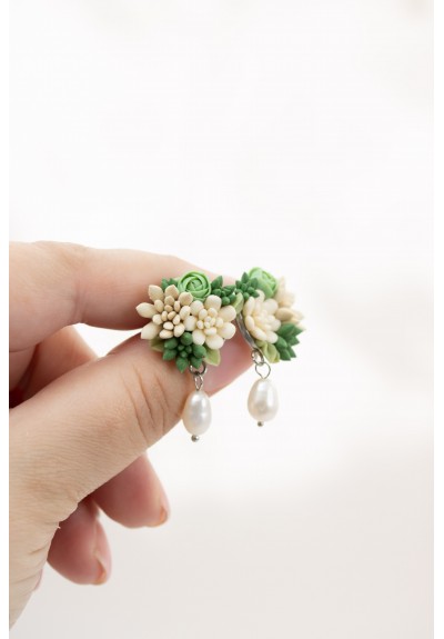 Beige and Green Succulent Stud Earrings with a Pearl