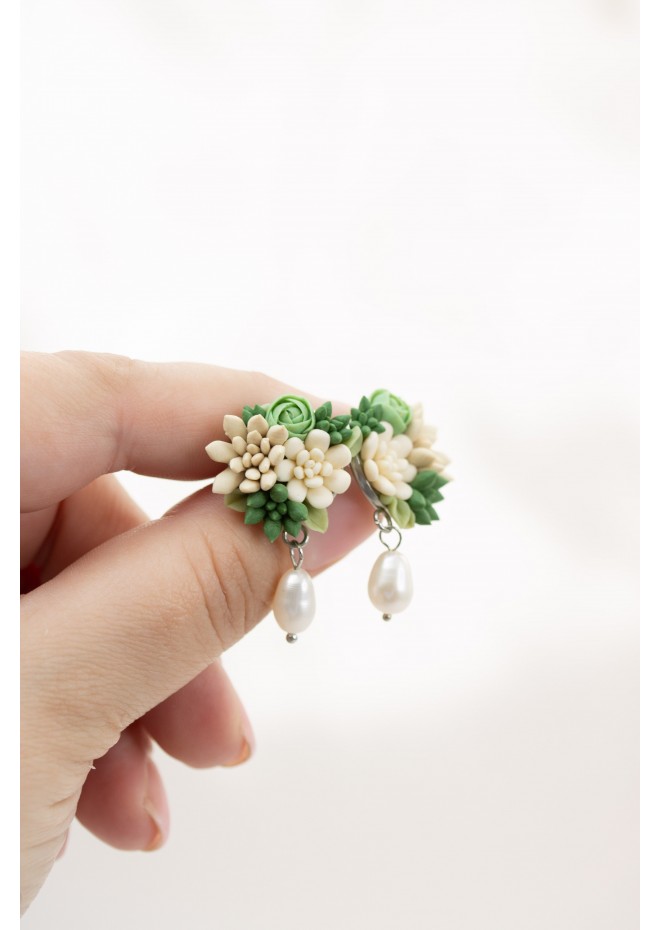 Beige and Green Succulent Stud Earrings with a Pearl