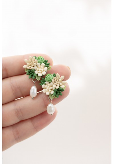 Beige and Green Succulent Stud Earrings with a Pearl