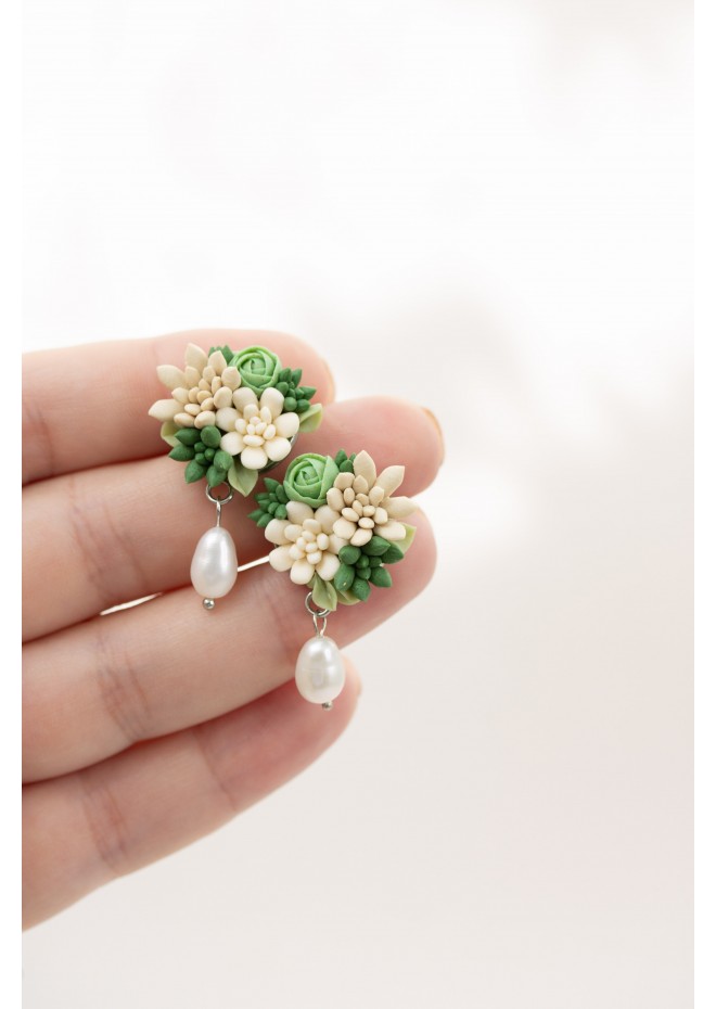 Beige and Green Succulent Stud Earrings with a Pearl