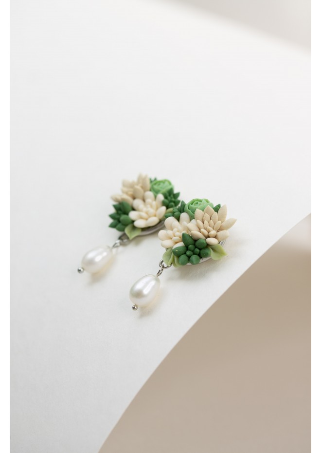 Beige and Green Succulent Stud Earrings with a Pearl