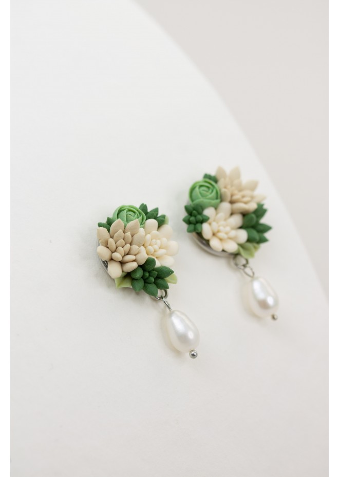 Beige and Green Succulent Stud Earrings with a Pearl