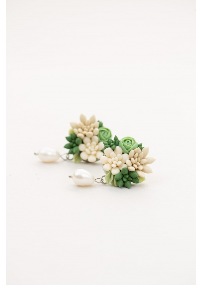 Beige and Green Succulent Stud Earrings with a Pearl