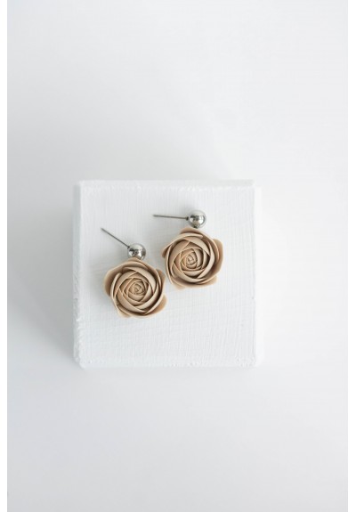 Gray Pink Beige Ranunculus Dangle Rose Earrings,