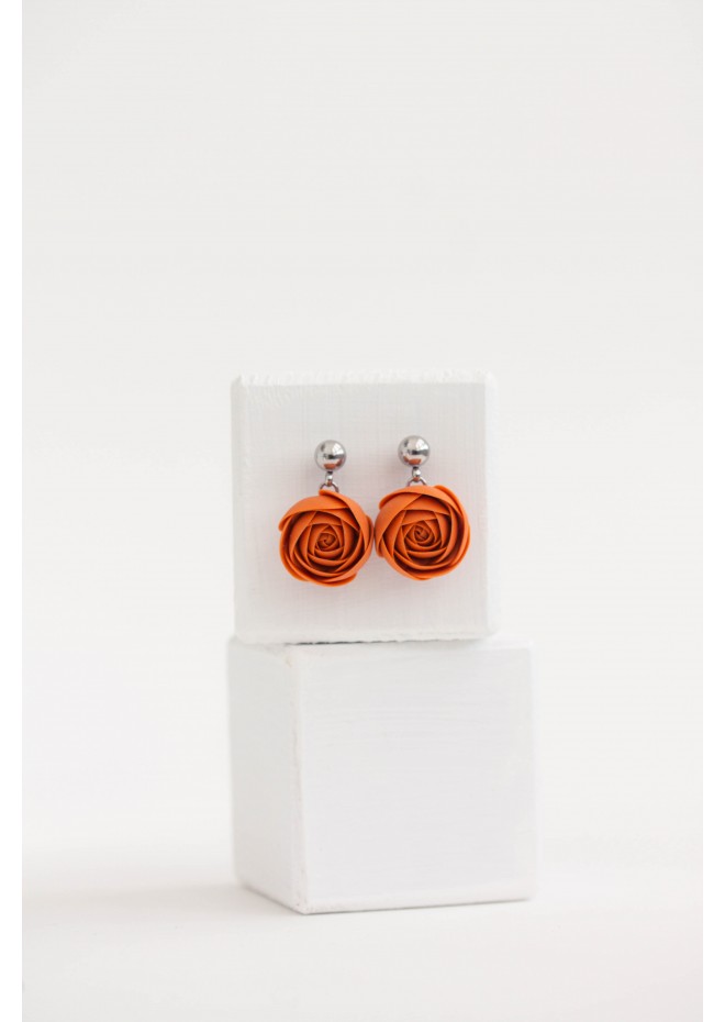 Orange Red Gold Brown Drop Earrings Ranunculus Dangle Rose Earrings