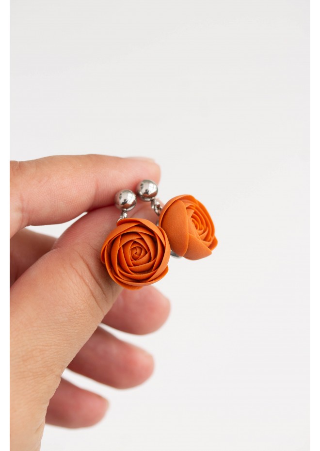 Orange Red Gold Brown Drop Earrings Ranunculus Dangle Rose Earrings