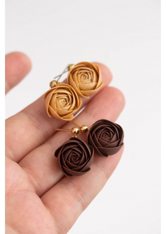 Orange Red Gold Brown Drop Earrings Ranunculus Dangle Rose Earrings