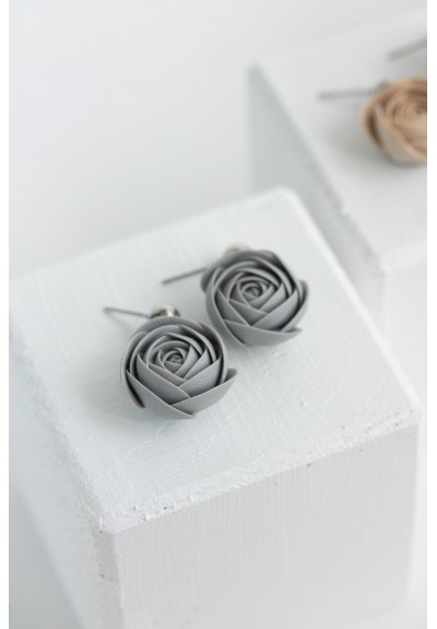 Gray Pink Beige Ranunculus Dangle Rose Earrings,