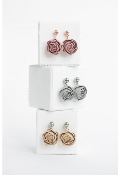 Gray Pink Beige Ranunculus Dangle Rose Earrings,
