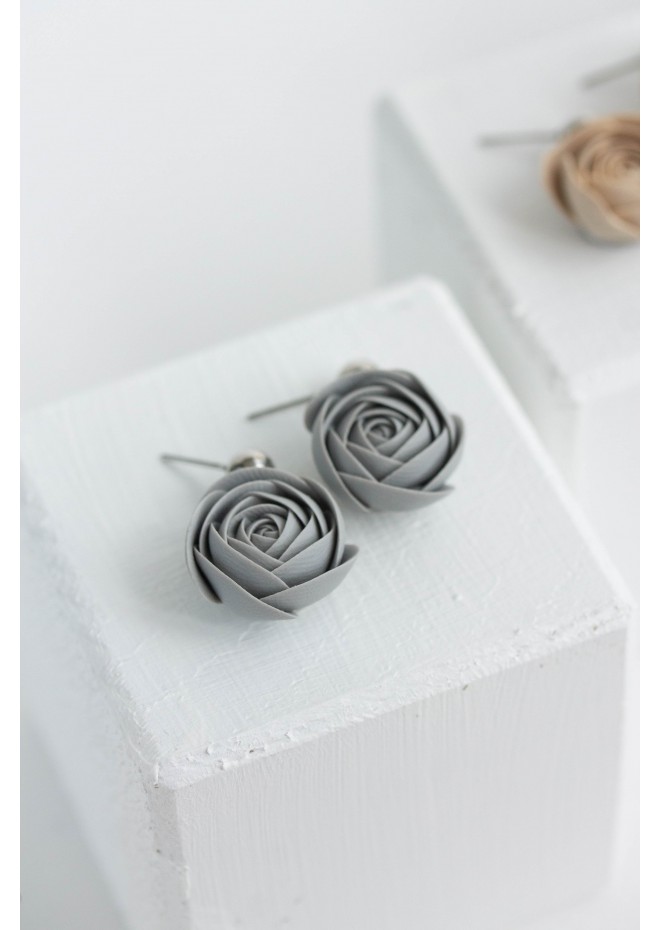 Gray Pink Beige Rose Drop Earrings Ranunculus Dangle Rose Earrings