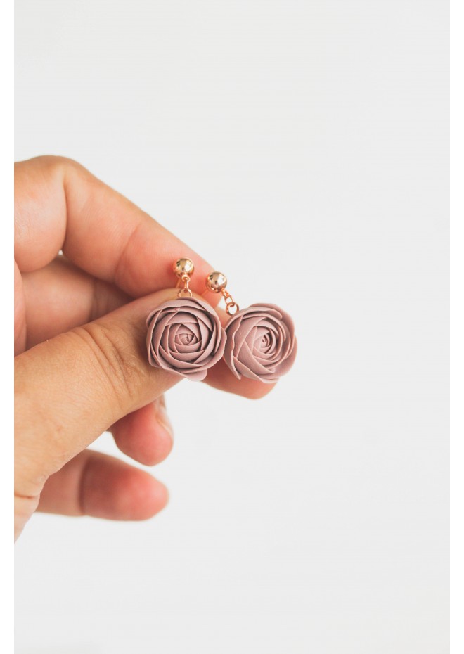 Gray Pink Beige Rose Drop Earrings Ranunculus Dangle Rose Earrings