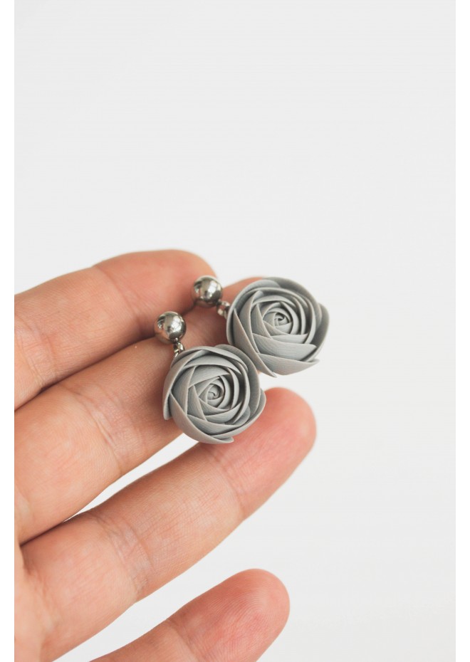 Gray Pink Beige Rose Drop Earrings Ranunculus Dangle Rose Earrings