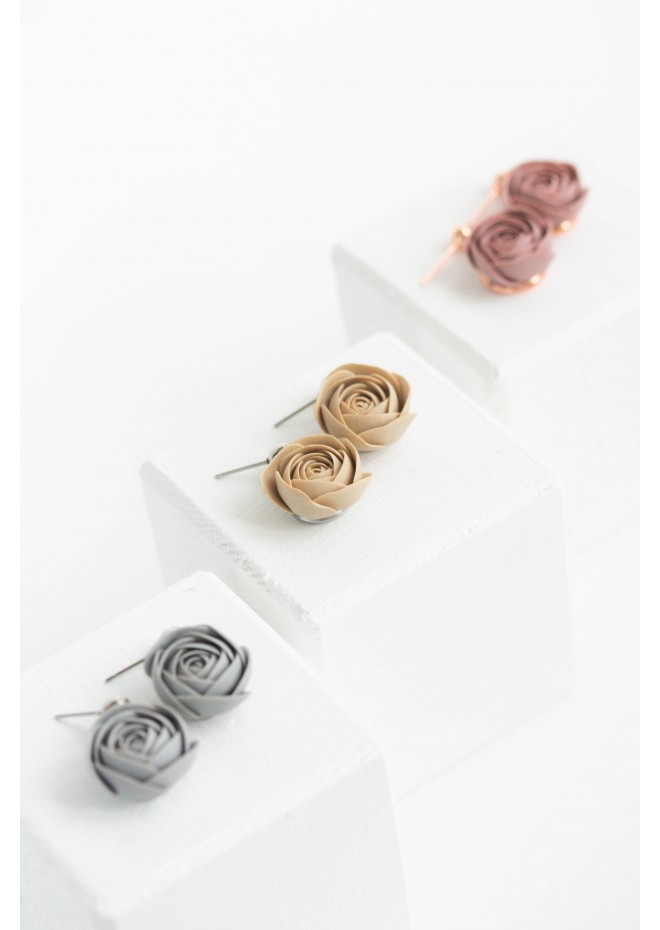 Gray Pink Beige Rose Drop Earrings Ranunculus Dangle Rose Earrings