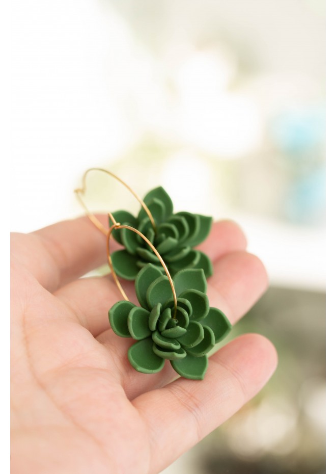 Green Succulent Flower hoop earrings from polymer clay, 100% handmade