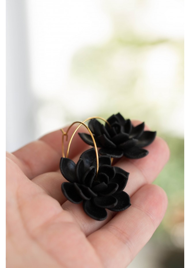 Black Succulent Flower hoop earrings from polymer clay, 100% handmade