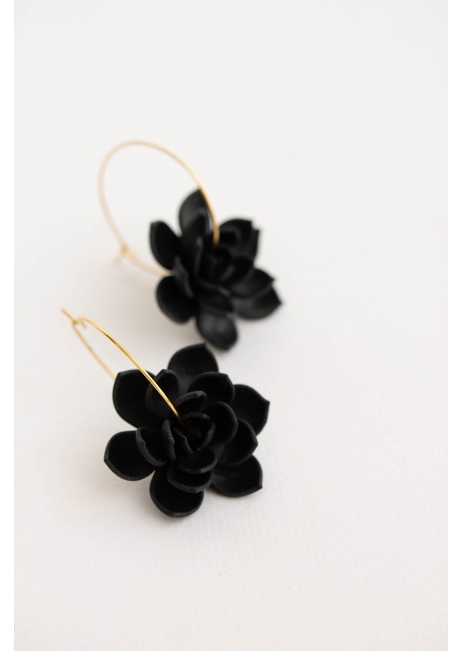 Black Succulent Flower hoop earrings from polymer clay, 100% handmade