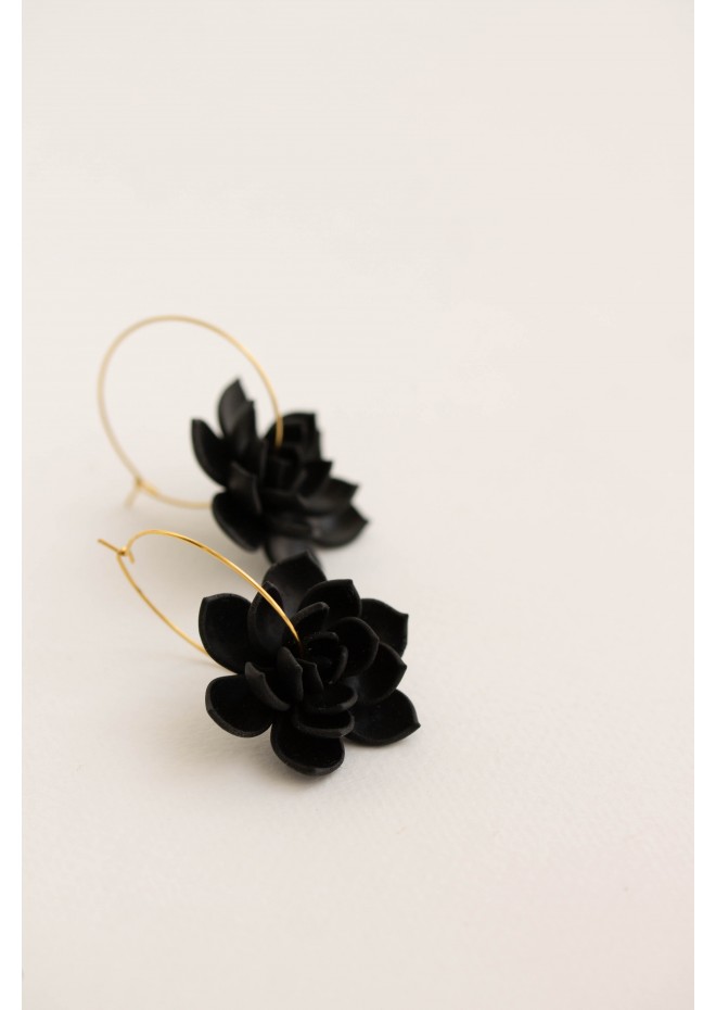 Black Succulent Flower hoop earrings from polymer clay, 100% handmade