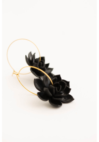 Black Succulent Flower hoop earrings from polymer clay, 100% handmade