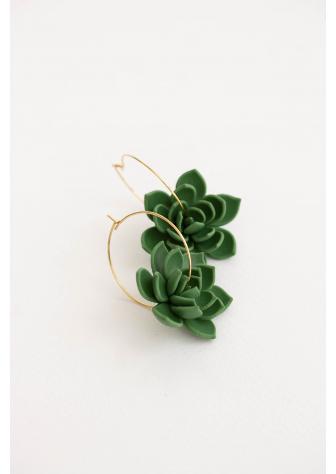 Green Succulent Flower hoop earrings from polymer clay, 100% handmade