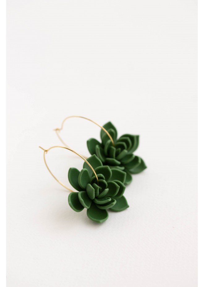 Green Succulent Flower hoop earrings from polymer clay, 100% handmade