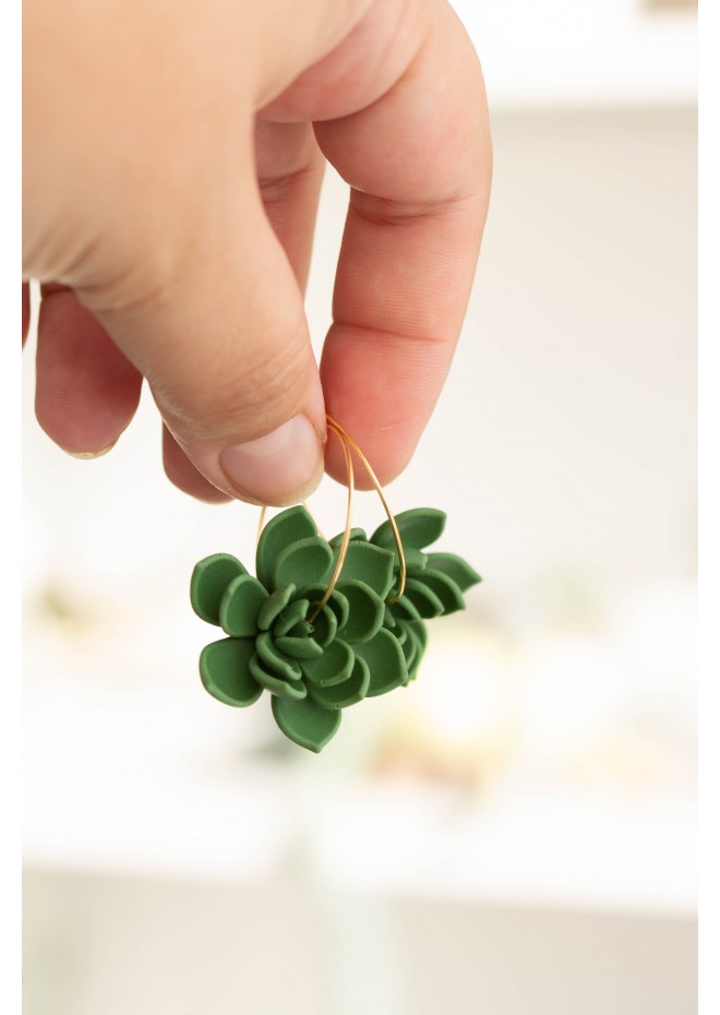 Green Succulent Flower hoop earrings from polymer clay, 100% handmade