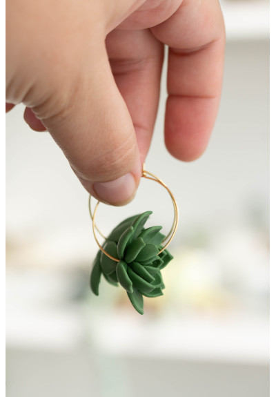 Green Succulent Flower hoop earrings from polymer clay, 100% handmade