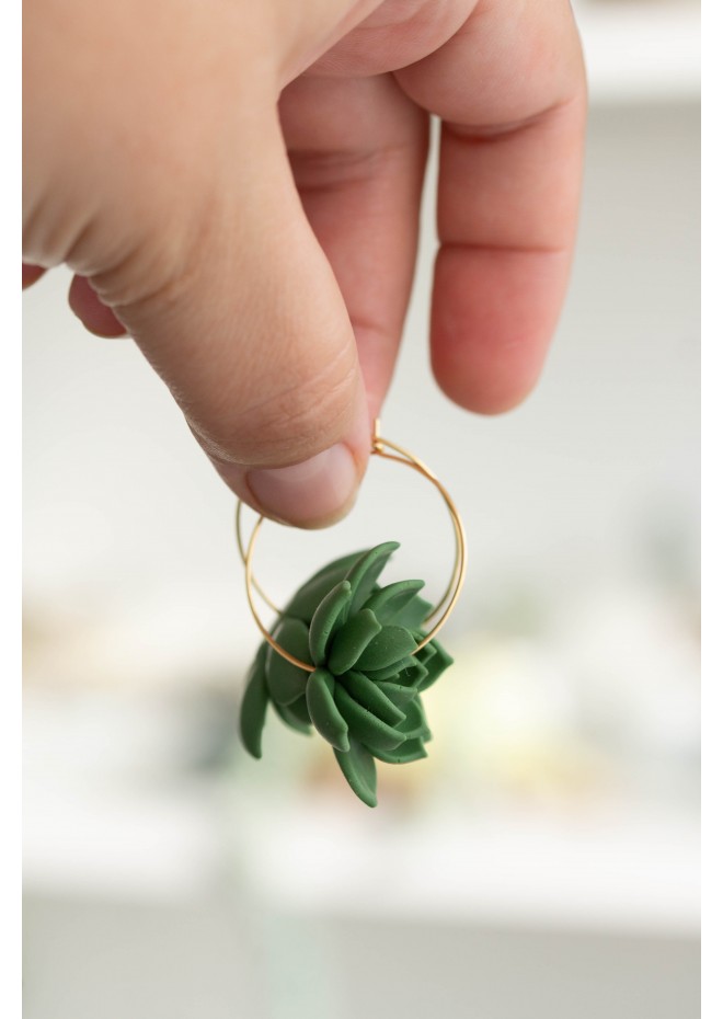 Green Succulent Flower hoop earrings from polymer clay, 100% handmade