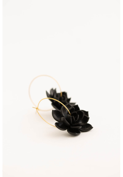 Black Succulent Flower hoop earrings from polymer clay, 100% handmade