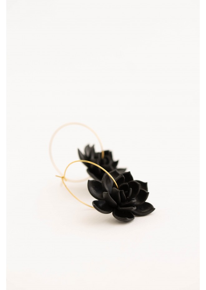 Black Succulent Flower hoop earrings from polymer clay, 100% handmade