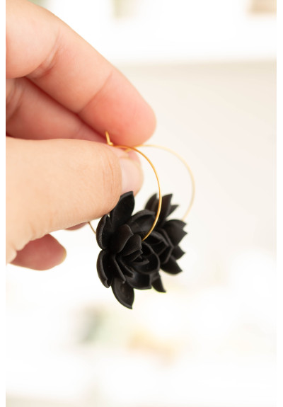 Black Succulent Flower hoop earrings from polymer clay, 100% handmade