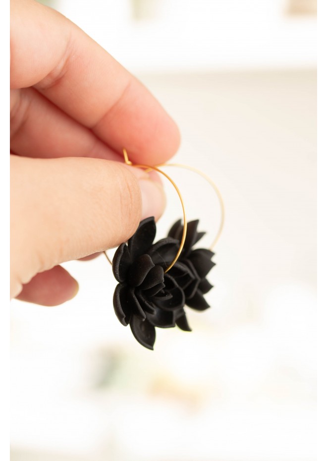 Black Succulent Flower hoop earrings from polymer clay, 100% handmade