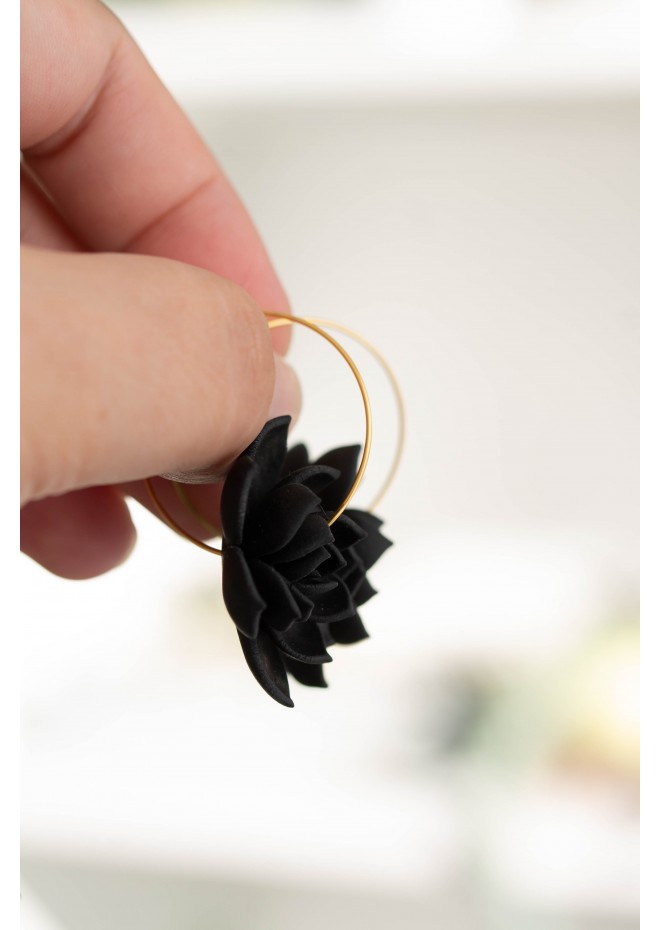 Black Succulent Flower hoop earrings from polymer clay, 100% handmade