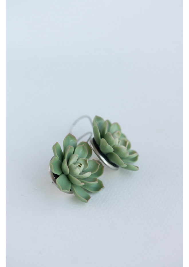 Green Polymer clay Dangle Earrings with Succulents Flower Statement plant earrings Unique flowers floral earrings Super light-weight, modern style