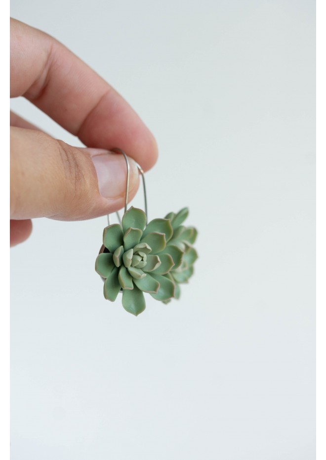Green Polymer clay Dangle Earrings with Succulents Flower Statement plant earrings Unique flowers floral earrings Super light-weight, modern style