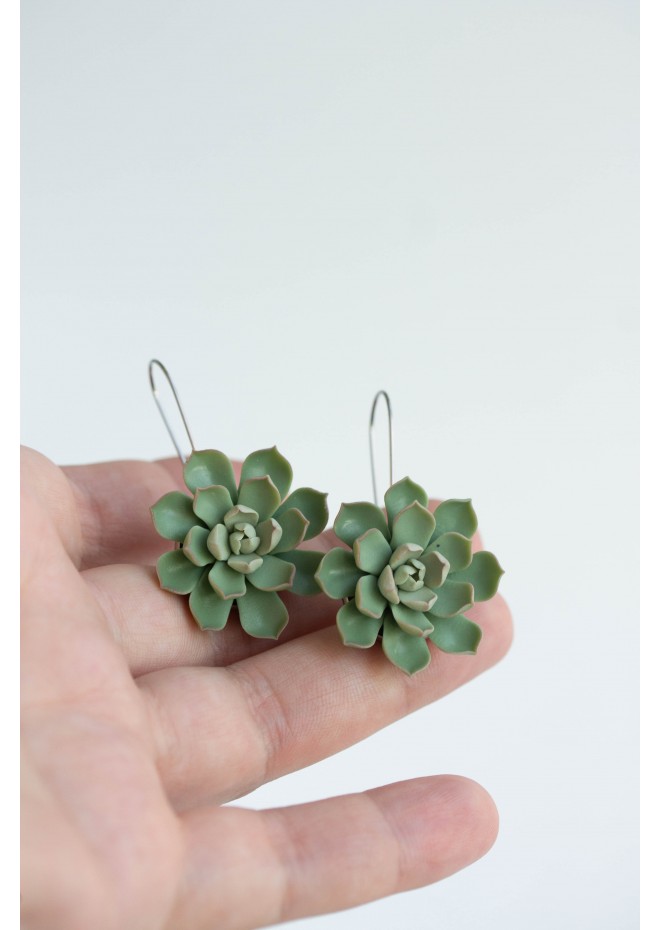 Green Polymer clay Dangle Earrings with Succulents Flower Statement plant earrings Unique flowers floral earrings Super light-weight, modern style