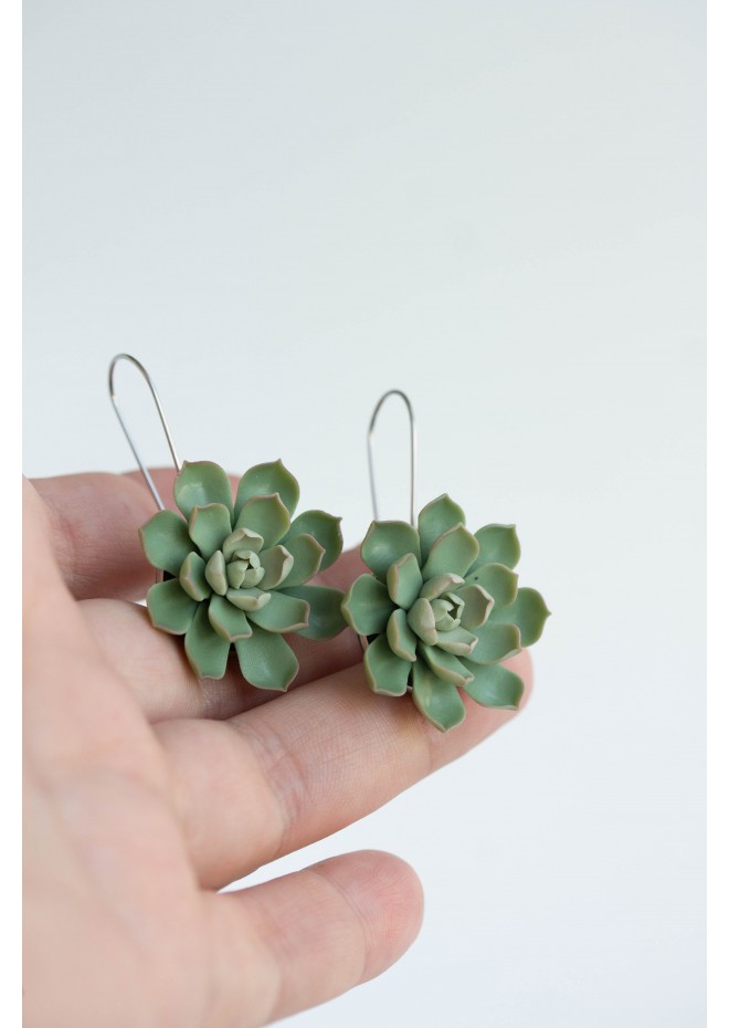 Green Polymer clay Dangle Earrings with Succulents Flower Statement plant earrings Unique flowers floral earrings Super light-weight, modern style