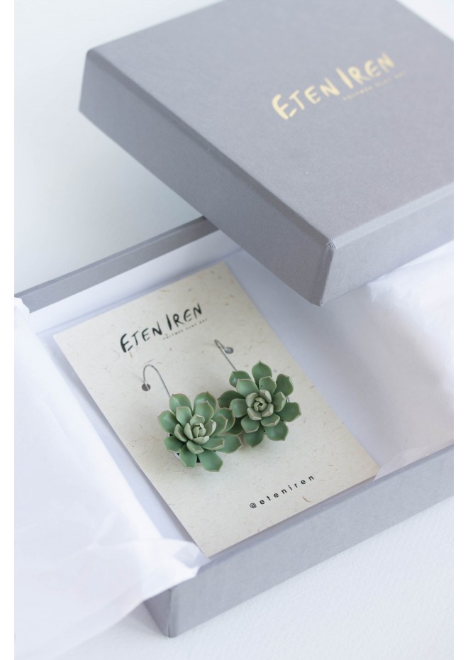 Green Polymer clay Dangle Earrings with Succulents Flower Statement plant earrings Unique flowers floral earrings Super light-weight, modern style