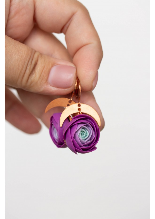 Purple Ranunculus Dangle Rose Earrings, Rose Earrings, Dangle Earrings, Garden Wedding Party Gift for Bridesmaids, Birthday Gift