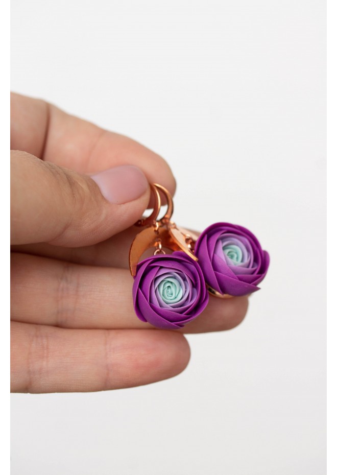 Purple Ranunculus Dangle Rose Earrings, Rose Earrings, Dangle Earrings, Garden Wedding Party Gift for Bridesmaids, Birthday Gift