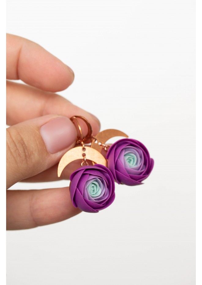Purple Ranunculus Dangle Rose Earrings, Rose Earrings, Dangle Earrings, Garden Wedding Party Gift for Bridesmaids, Birthday Gift