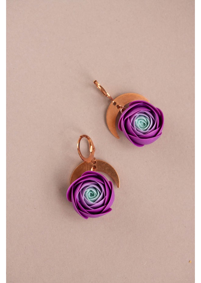 Purple Ranunculus Dangle Rose Earrings, Rose Earrings, Dangle Earrings, Garden Wedding Party Gift for Bridesmaids, Birthday Gift
