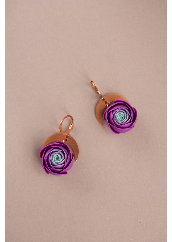 Purple Ranunculus Dangle Rose Earrings, Rose Earrings, Dangle Earrings, Garden Wedding Party Gift for Bridesmaids, Birthday Gift