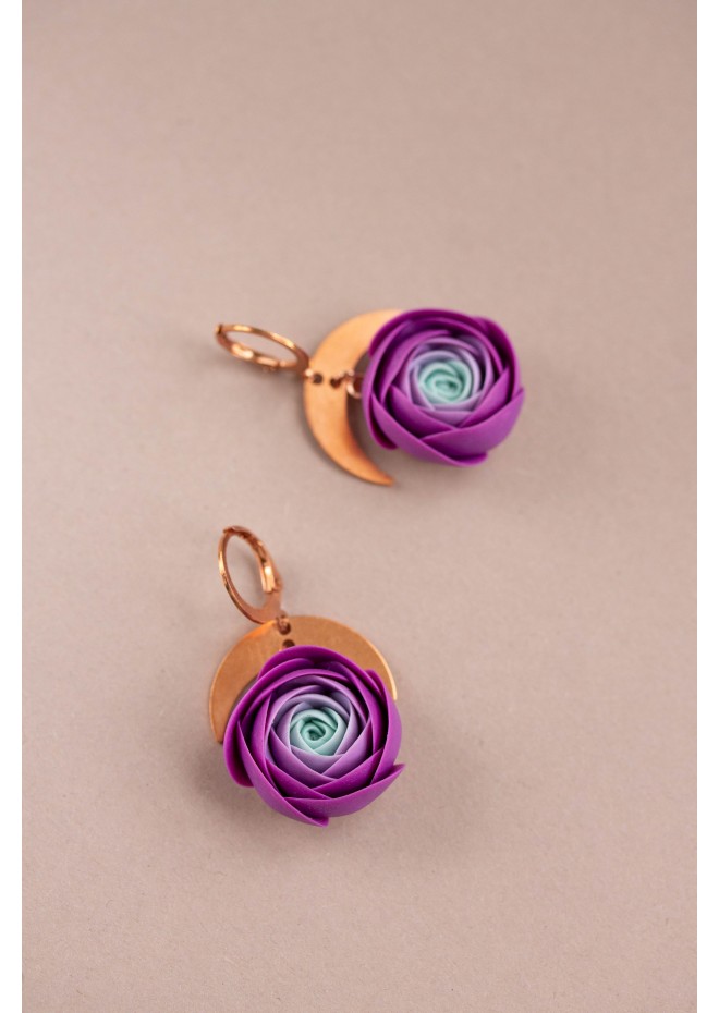 Purple Ranunculus Dangle Rose Earrings, Rose Earrings, Dangle Earrings, Garden Wedding Party Gift for Bridesmaids, Birthday Gift